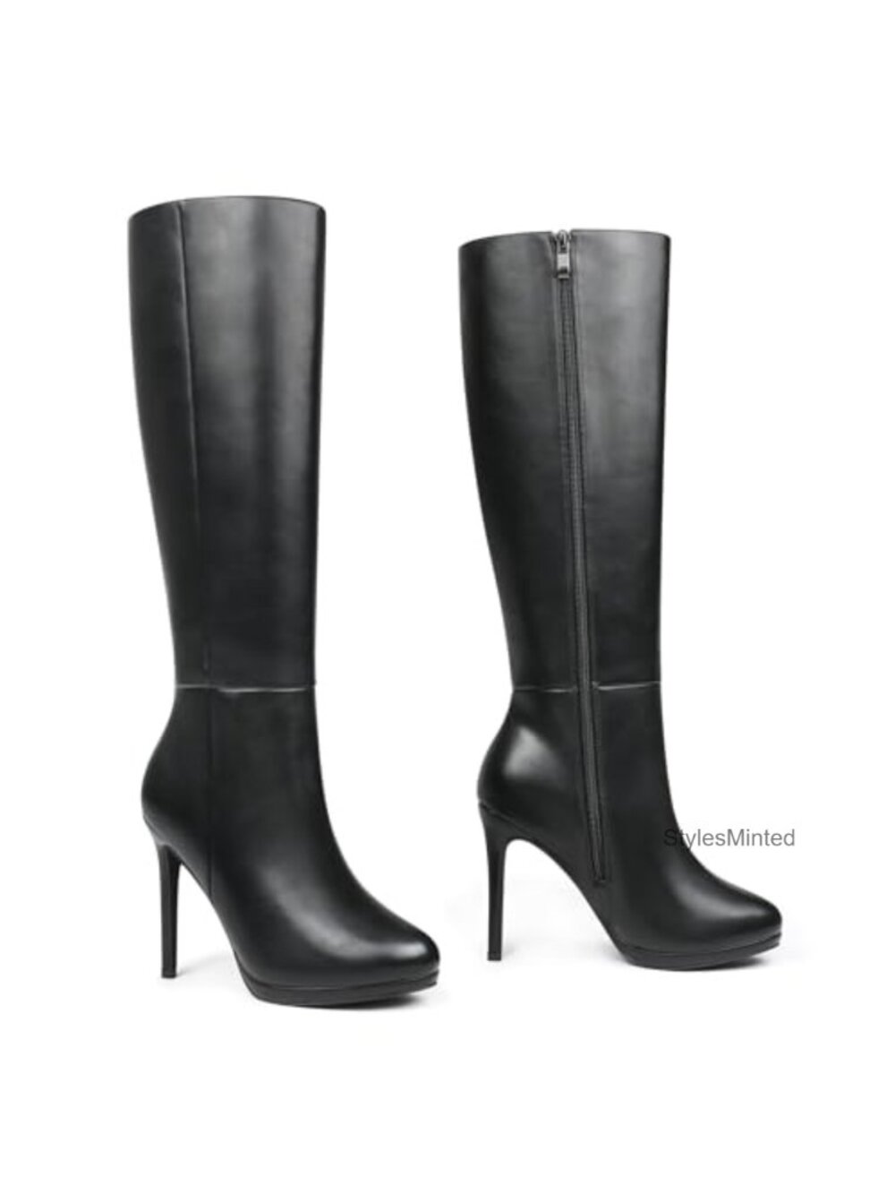 Knee High Stiletto Platform Boots Faux Leather Side Zip